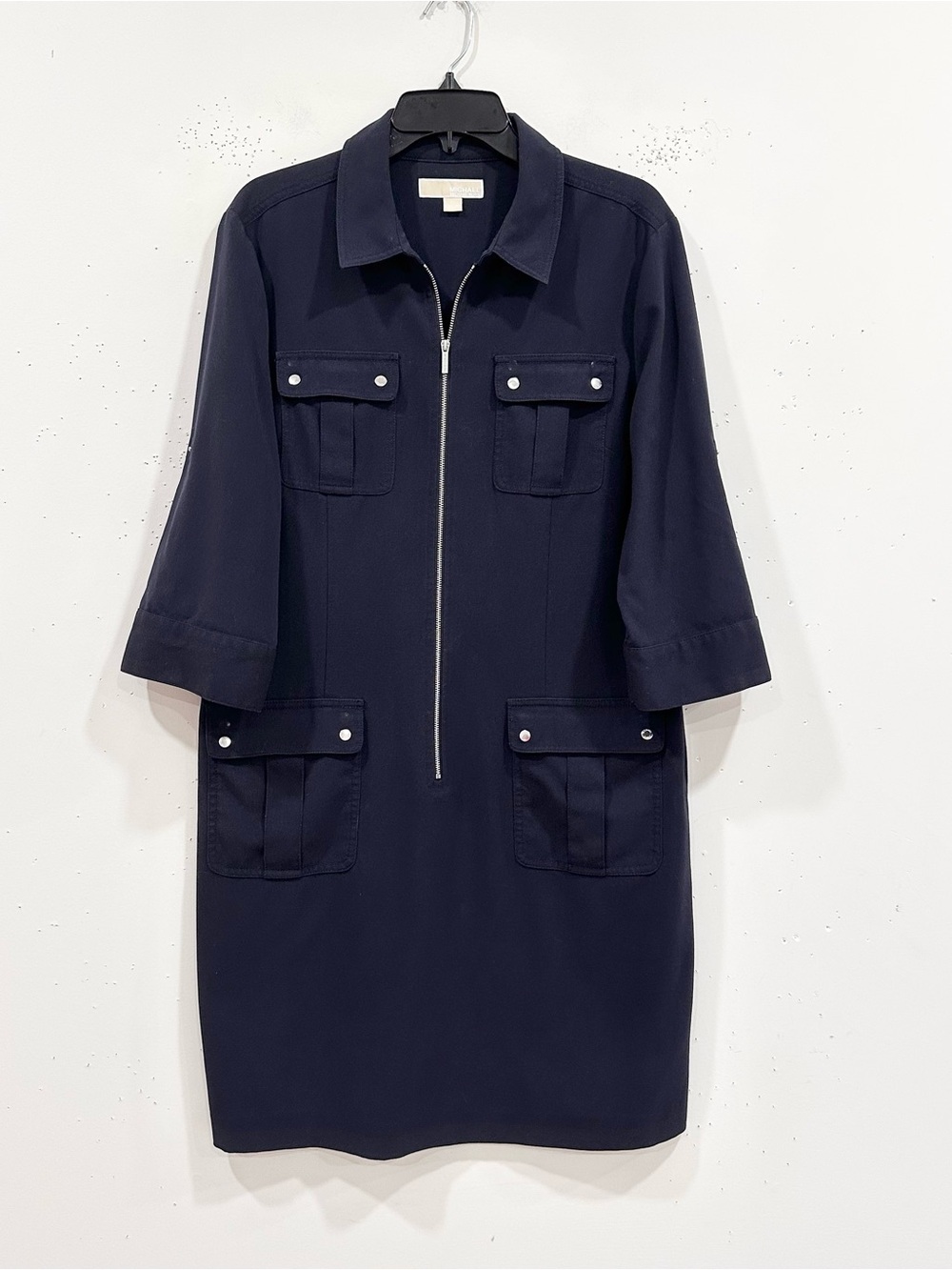Michael Kors XL Black Half Zipper Logo Pockets 3/4 Sleeve Utility Dress No Belt